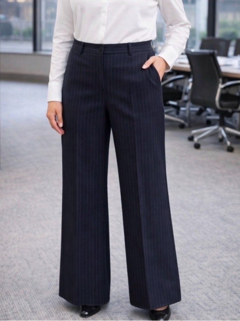 White House Black Market Navy Pinstripe Wide-Leg Trousers